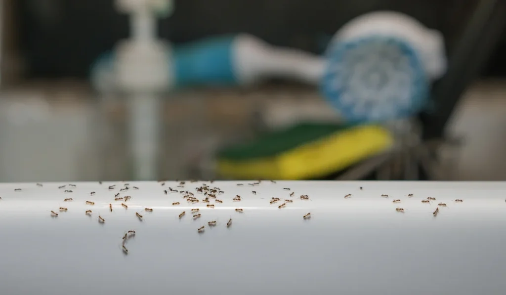 Ants crawl on kitchen sink.